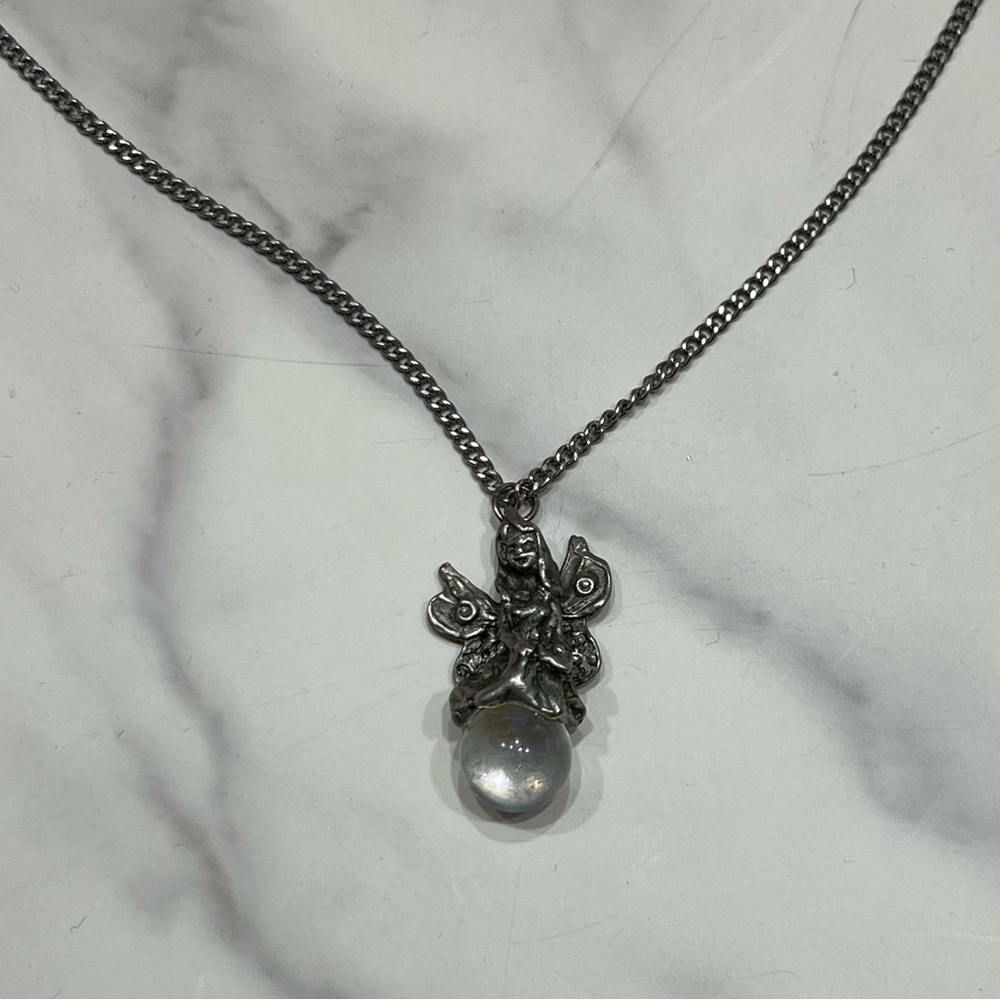 Vintage Fairy on Orb Pendant Necklace Silver Tone Art Nouveau Fantasy Mystical